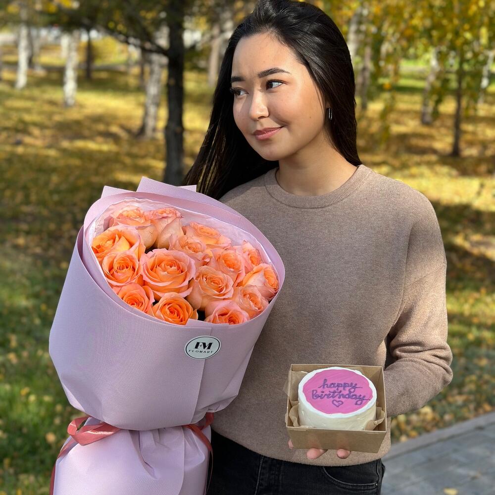 Комбо 15 роз + бенто торт